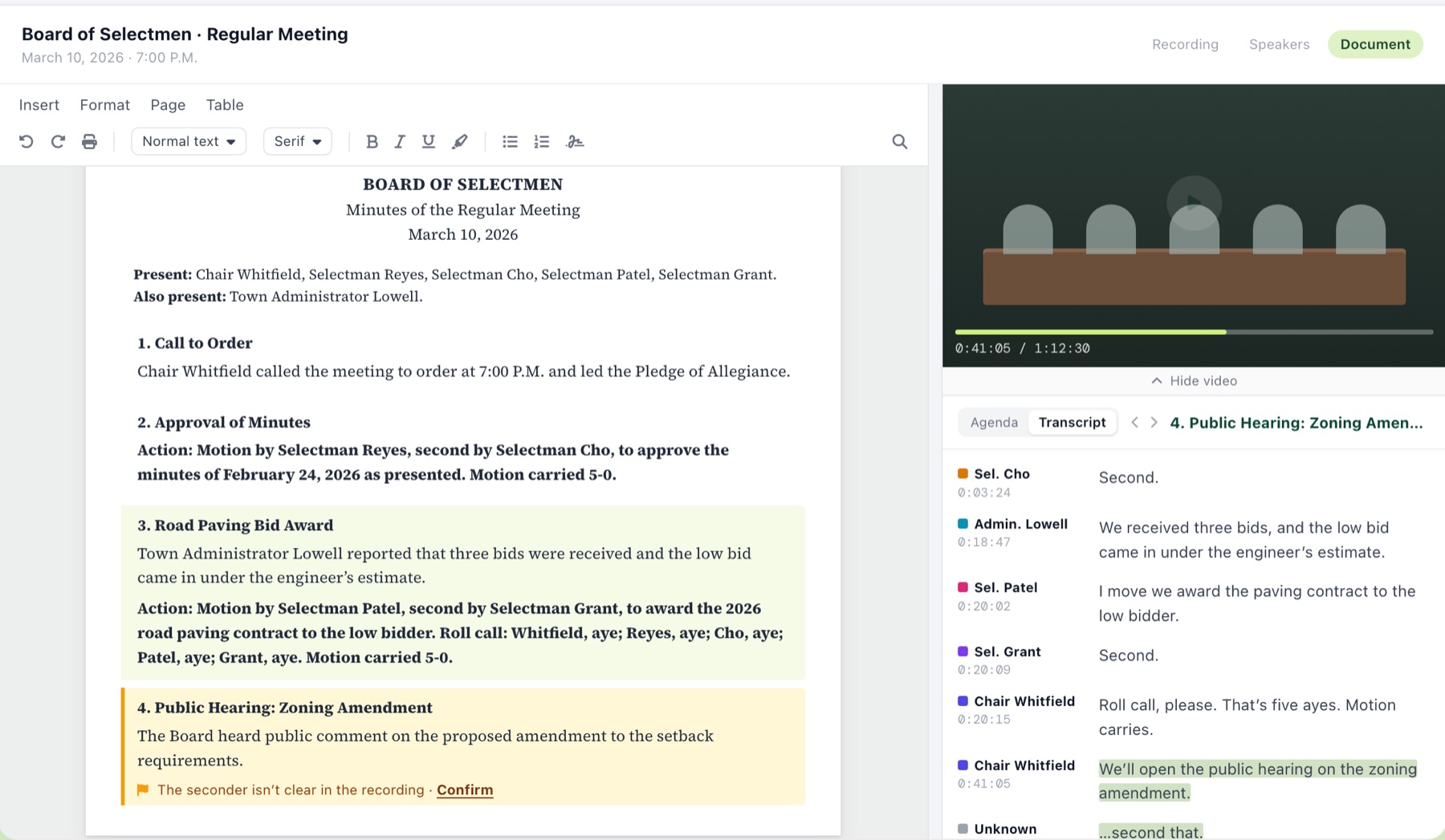 The Govably minutes editor: the minutes document on the left, with the meeting video and the transcript on the right. The item being worked on is highlighted in both, and one spot is flagged for the clerk to confirm.